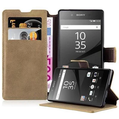 Afbeelding van Cadorabo Hoesje geschikt voor Sony Xperia Z5 in MAT ZAND BRUIN Beschermhoes Case Cover met standfunctie en kaartvak retrodesign