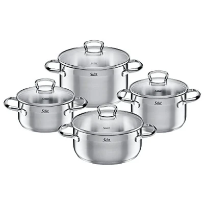 Afbeelding van Silit Toskana Pannenset, 4 Delig, met Glazen Deksel, Inductiepotten, Roestvrij Staal, Deels Gematteerd, Inductie, Ongecoat, Zilver