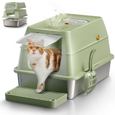 Afbeelding van XXL kattenbak van roestvrij staal, open met metalen schep, dubbellaagse mat, hoge rand, grote box voor katten, groen