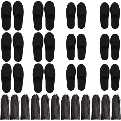 Afbeelding van Bizarre.ly Zwarte Zachte Spa Slippers met Tasje (12 Paar) Gesloten Teen Wasbaar Herbruikbaar Twee Maten (S,L) Past Mannen &amp; Vrouwen Voor Badkamer, Gasten, Reizen, Huis, Huwelik Hotel