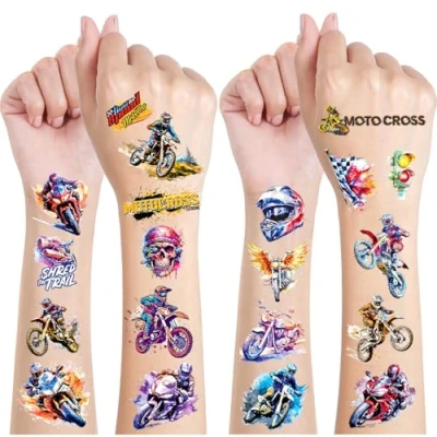 Afbeelding van Motorfiets Offroad tatoeages voor kinderen, 12 vellen, tijdelijke tatoeages, glitter, decoratie, verjaardag, cadeau jongens en meisjes, waterdicht, pailletten