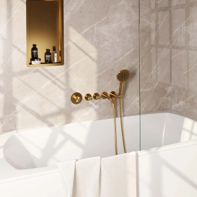Afbeelding van Brauer Gold carving Badkraan Inbouw douchegarnituur 20cm uitloop inbouwdeel 3 knoppen handdouche rond standen PVD geborsteld