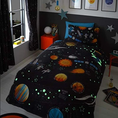 Afbeelding van Happy Linen Company Lichtgevende planeten en ruimteraketten beddengoedset voor eenpersoonsbed, marineblauw