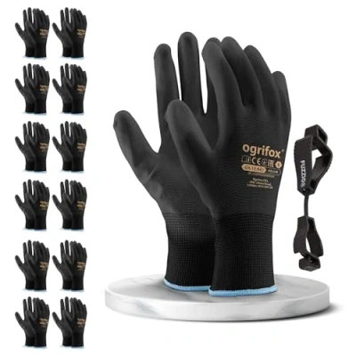 Afbeelding van FUZZIO Ogrifox 12 paar werkhandschoenen met PU coating clip (L 9, zwart)