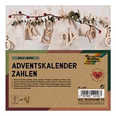 Afbeelding van folia 2209 Adventskalender cijfers van natuurlijk hout, 24 hout om op te hangen