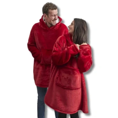 Afbeelding van Plaid trui met extra grote mouwen, capuchon en zak Eén maat 118 x 85 cm heren dames binnenkant wit Sherpa (rood)