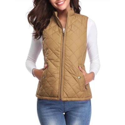 Image de Fuinloth Manteaux Sans Manches Femme, Léger Col Roulé Doudoune Zippé Veste Hiver Gilet Camel M