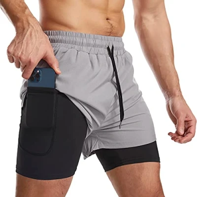Afbeelding van Danfiki Sportshort voor heren, 2 in 1, ademend, met zakken, sneldrogende sportbroek zak, sportlegging, basislaag stretch