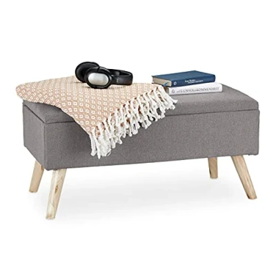 Afbeelding van Relaxdays, Lichtgrijze bank met opbergruimte, gevoerd, houten poten, stoffen bekleding, H x B D: 39,5 79,5 cm