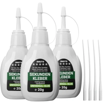 Afbeelding van 3 x 20 g universele secondelijm, vloeibaar, extra sterk en snel, waterdicht, hittebestendig, met doseerpunten dop tegen uitdrogen