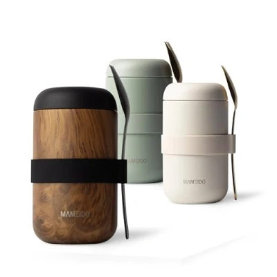 Afbeelding van MAMEIDO Geïsoleerde voedselcontainers, 500 ml, roestvrij staal, BPA vrij, voor muesli, pap en babyvoeding (bruin (Oak Wood), 0,5 l)