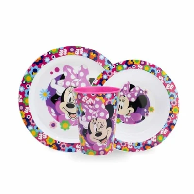 Afbeelding van Sorrisini Kinderserviesset, herbruikbaar servies voor kinderen, kinderen en magnetronbestendig, kindertafelset, bord kom, besteksmok, Minnie Mouse