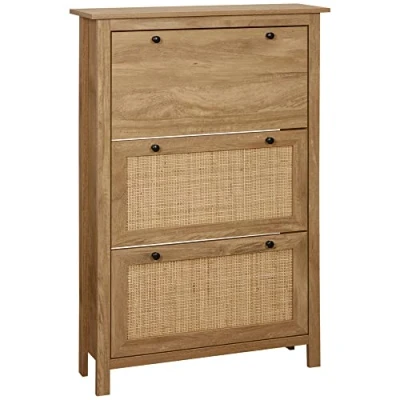 Afbeelding van HOMCOM schoenenrek, kast met 3 klapdeuren, rotanlook, van hout, afmetingen: 80 x 23,5 121,5 cm natuurlijk hout