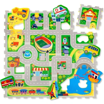 Afbeelding van Hakuna Matte Speelmat Foam Verkeer City 1,2x1,2m 16 Tegels met Straatontwerp en 11 Auto&#039;s 20% Dikkere Speelmatin Speelkleed Auto