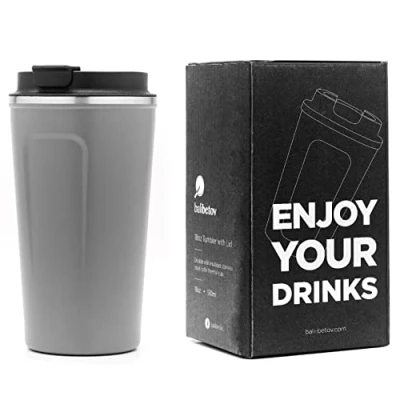Afbeelding van BALIBETOV 510 ml Thermosbeker voor koffie, geïsoleerd, dubbelwandig, vacuüm van roestvrij staal, ideaal reizen, camping, thee, wijn, bier en andere (grijs)