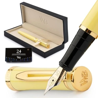 Afbeelding van Wordsworth &amp; Black Vulpenset, medium gouden punt 18 karaat, bevat 24 inktpatronen, inktvulconverter en geschenkdoos, afwerking, kalligrafie, geel,