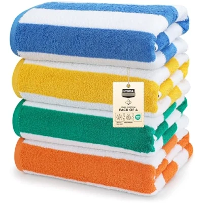 Afbeelding van Utopia Towels Cabana Stripe Strandlakens (76 x 152 cm) 100% ringgesponnen katoen, grote strandlakens, zachte en sneldrogende badhanddoeken (4 stuks) (blauw, groen, oranje geel)
