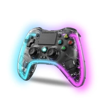 Afbeelding van NK Draadloze controller voor PS4/PC/Android met dualshock, 6 assen, 2 macrotoetsen, 7 led lichtmodi, touchscreen, hoofdtelefooningang, oplaadkabel inbegrepen, zwart transparant