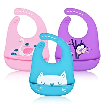 Afbeelding van FILOWA 3 stuks babyslabbetjes, zachte siliconen, roze, slabbetje, kunststof, meisjes, jongens, verstelbaar, kinderen, grote zak, licht, waterdicht, zwaan, uil, kat, paars, Kerstmis, cadeau