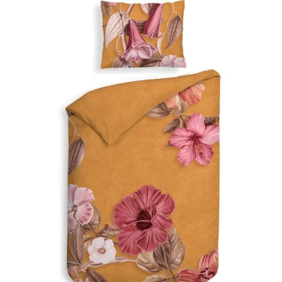 Afbeelding van Heckettlane Dekbedovertrek Malu Dekbed met instopstrook Oranje 100% Katoen Satijn Bloemen 240x220 + 2 slopen 60/70 cm