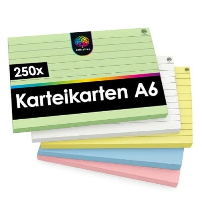 Afbeelding van OfficeTree 250 x flitskaarten A6 gelinieerd 5 kleuren Bristol stekker voor school en studie indexkaarten perfect notities organisatie beoordelingsblad
