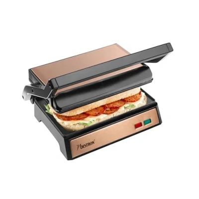 Afbeelding van Bestron elektrische tosti apparaat met opvangbak, Contactgrill Cool Touch handgreep &amp; 180 opening, panini grill antiaanbaklaag, instapmodel, Copper Collection, kleur: koper