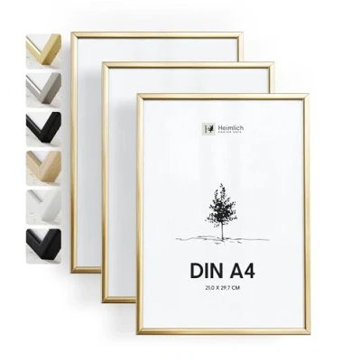 Afbeelding van Heimlich® Set van 3 fotolijsten DIN A4 21x30 cm goud metalen lijst voor documenten 21x29,7 kleine collage aluminium fotolijst