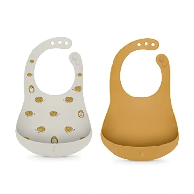 Afbeelding van Suavinex, Set van 2 waterdichte siliconen slabbetjes Voor baby&#039;s. Gemakkelijk schoon te maken. Zacht en flexibel. Verstelbaar. Met zak. baby&#039;s + 4 maanden. Grijs Geel