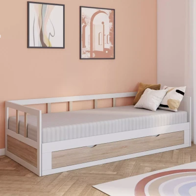 Afbeelding van Lit banquette 90 x 190 cm ZOYA convertible 180 blanc et hêtre avec 1 tiroir de rangement