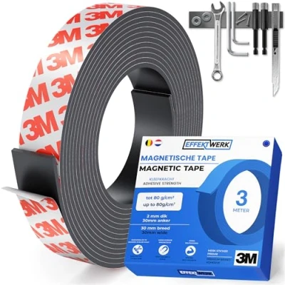 Afbeelding van EFFEKTWERK magneetband zelfklevend, 3 meter, magneetstrip op maat te snijden, extra brede magneettape met sterke lijm, zelfklevende magneetband, voor metalen voorwerpen