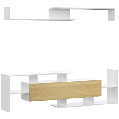 Afbeelding van HOMCOM TV meubel met bank en wandplank, eigentijdse stijl, 153,6 l, wit natuurlijk hout