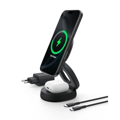 Afbeelding van Belkin Chargeur 2 en 1 aimanté et pliable (Station de Recharge compatible MagSafe, certifié Qi2, 15 W, pour iPhone 16 AirPods, base antidérapante, adaptateur secteur 30 W inclus, Noir)