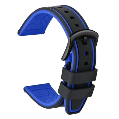 Afbeelding van ULLCHRO Horlogeband, vervanging, siliconen, tweekleurig, 20, 22, 24, 26 mm, rubber, met roestvrijstalen gesp, zwart, Zwart en blauw, Armband