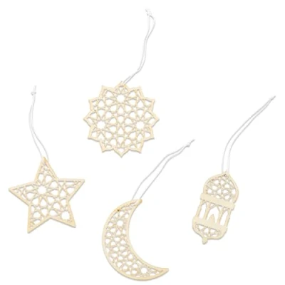 Afbeelding van 12 houten Ramadan labels zwart 7x7cm 4 verschillende ontwerpen