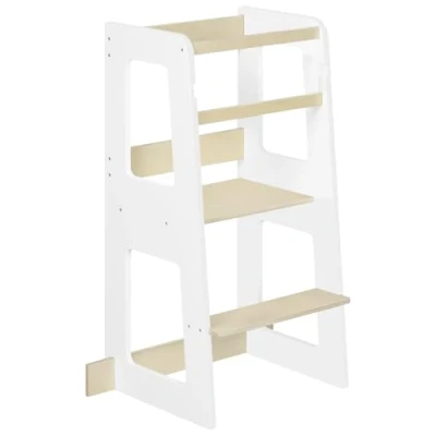 Afbeelding van WOLTU Montessoriana leertoren, houten toren, kinderstoel met beschermstang, multifunctionele educatieve toren stabiele structuur, wit + natuurlijke houtkleur