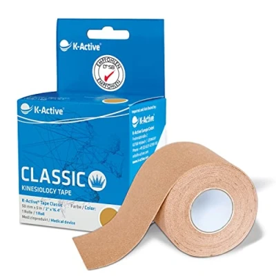 Afbeelding van K Active Tape Classic Kinesiotape, super huidvriendelijk, waterdicht, voor sport en therapie, extra lang, 5 cm x m, beige