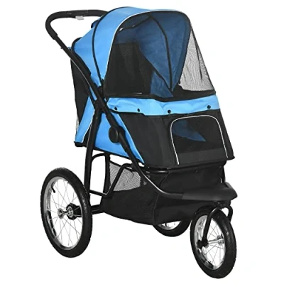 Afbeelding van PawHut Hondenwagen met reflectoren, opvouwbare kinderwagen opbergmand, zonwering, netvenster, trolley voor kleine en middelgrote honden, Oxford, blauw