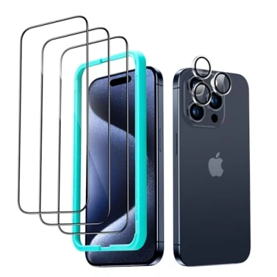 Afbeelding van ESR Gehard glas voor iPhone 15 Pro met camerabescherming aan de achterkant, bevat 3 schermbeschermfolies en 1 bescherming individuele cameralens, gebogen randen 2,5D, volledige afdekking,