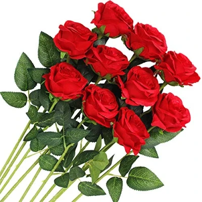 Afbeelding van Veryhome 10 stuks kunstrozen, zijden bloemen, kunstboeketten voor de decoratie van bruiloft, huis, feest, verjaardag, tuindecoratie (rood bloeiende rozen)