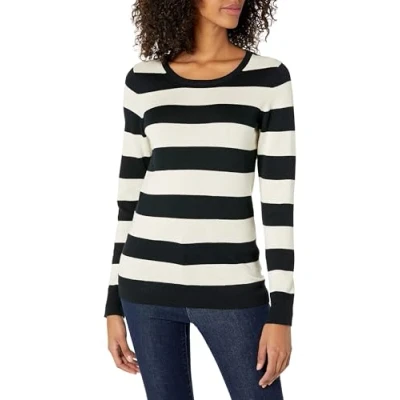 Image de Amazon Essentials Chandail léger à manches longues et col ras du cou pour femme (disponible en grande taille), noir avoine chiné, motif rayures rugby, taille M