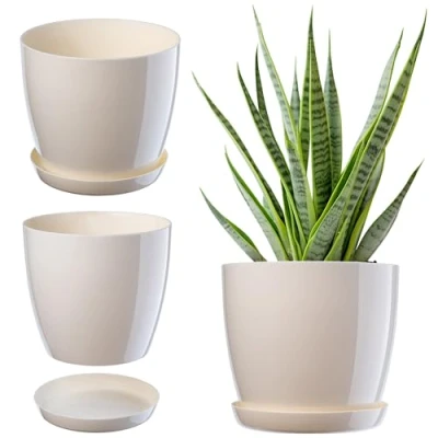 Afbeelding van KADAX Elegante bloempot, plantenpot met onderzetter, ronde bloempot van kunststof, voor bloemen, schotel, geschikt binnen, Ø 20 cm, ivoorkleurig