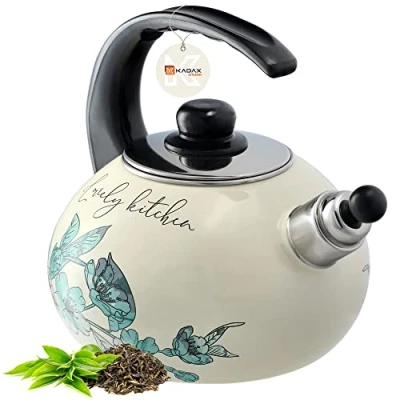 Afbeelding van KADAX Roestvrijstalen fluitketel, 2,2 l, inductiekookplaat en gasfornuis, emaille waterkoker, retro waterkoker met fluitje (groene bloemen)