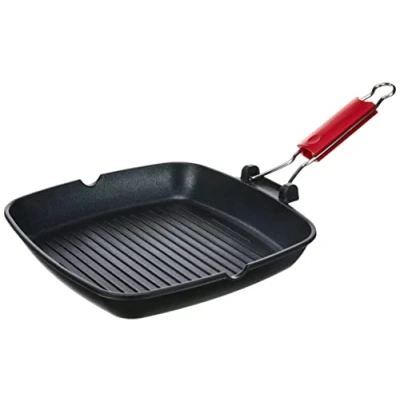 Afbeelding van Lagostina Rode lijn grill anti aanbaklaag vierkant aluminium 28 x cm voor inductie, gas en oven, inklapbare handgreep, schenkrand, reliëfbodem