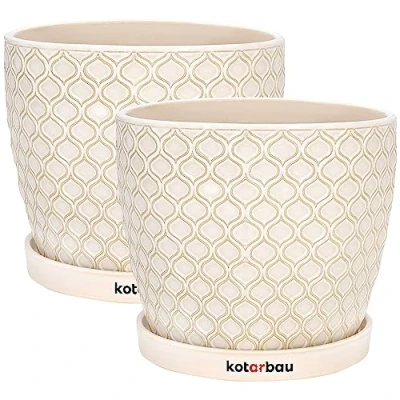 Afbeelding van KOTARBAU® Set van 2 keramische plantenpotten Diameter 15 cm Vintage Crème met lekbak Visschaalpatroon