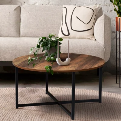 Afbeelding van Table basse ronde HAWKINS 80 cm bois foncé design industriel