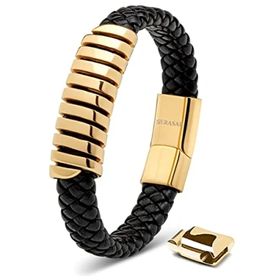 Afbeelding van SERASAR Hoogwaardige leren armband voor heren, magnetische sluiting van roestvrij staal in zwart, zilver en goud, inclusief sieradendoosje, leuk cadeau idee, Leer, Geen edelsteen