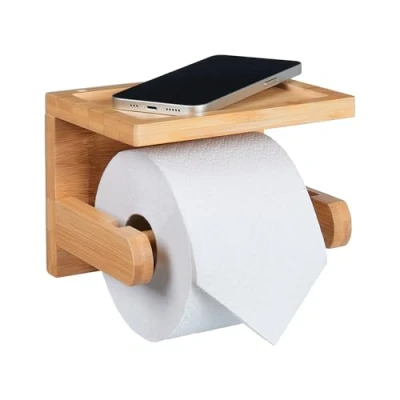 Afbeelding van Relaxdays toiletrolhouder bamboe met plankje wc rol houder muur montagemateriaal