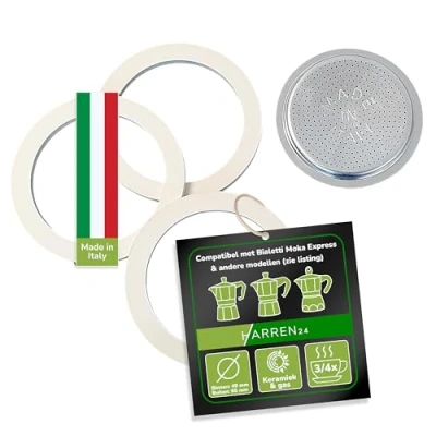 Afbeelding van Harren24 Filter en 3 afdichtingen voor espressomachine, geschikt Bialetti espressomachine of 4 kopjes, buitendiameter 65 mm, 6,5 cm, binnendiameter 54 5,4 reserveafdichting