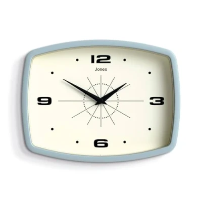 Afbeelding van Jones Clocks® Bioscoopwandklok, rechthoekige retro klok, 25 cm, lichtblauw, coole designlook voor keuken, woonkamer of kantoor