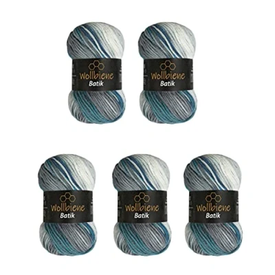 Afbeelding van 5 bollen Batik wol, 100 g 500 totaal. Met kleurverloop, meerkleurig, 5950 turquoiseblauw en grijs.